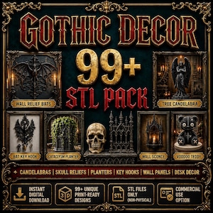 Op de afbeelding: Een digitale collectie getiteld GOTHIC DECOR 99+ STL PACK met diverse 3D-printbare ontwerpen, waaronder vleermuis-wandreliëfs, een boomkandelaar, een vleermuis-sleutelhaak, een cataclysme-plantenbak, een menselijke schedel, een wandkandelaar en een voodoo-teddybeer.