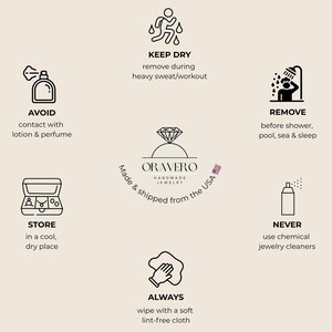 OraVero jewelry care guide card: keep dry, remove before shower, pool and sleep, avoid lotion and perfume, never use chemical cleaners, and store in a cool, dry place.