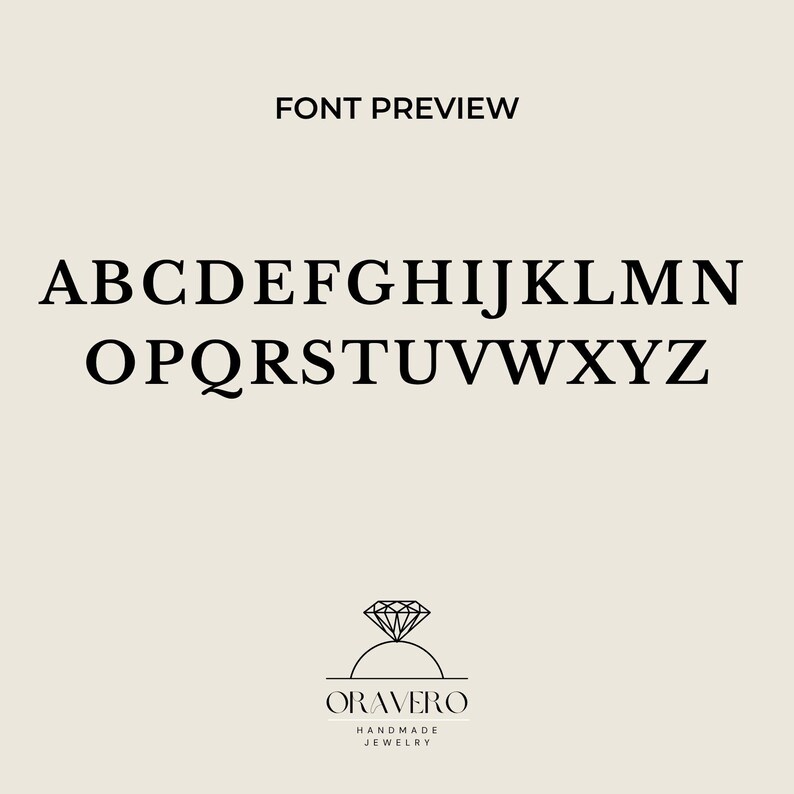 OraVero font preview card showing the full alphabet from A to Z in classic capital letters, so you can see the letter style before choosing your two initials.