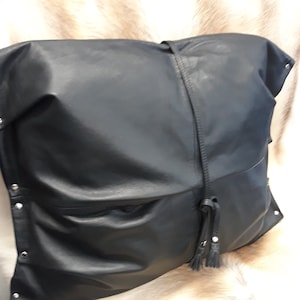 Navy Blue Leather Accent Pillow Decorative Throw Pillow Home Decor / One of a Kind