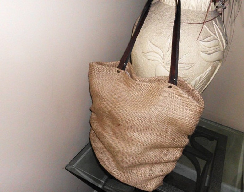 Burlap Tote Bag w/ Leather Handles Featured In CHARLESTON Etsy