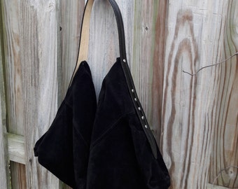 Black Suede Hobo Bag w/Patent Leather Strap