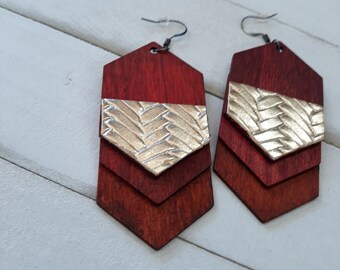 Hand Painted/ Laser Cut Wood Earrings w/ Metallic Gold Detail