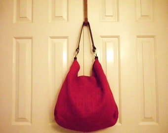 Vibrant Red Burlap Hobo Bag w/ Leather Strap