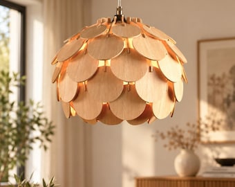 Pendelleuchte aus Holz, moderne Deckenleuchte aus Holz, skandinavische Beleuchtung, Kronleuchter aus Naturholz, Boho-Esszimmerleuchte, Statement-Pendelleuchte