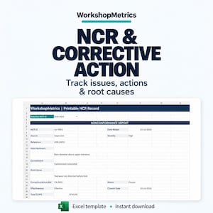 May include: A digital spreadsheet template titled WorkshopMetrics NCR & Corrective Action. The document features a Nonconformance Report form with fields for NCR ID, date, source, severity, issue summary, containment, root cause, and status.