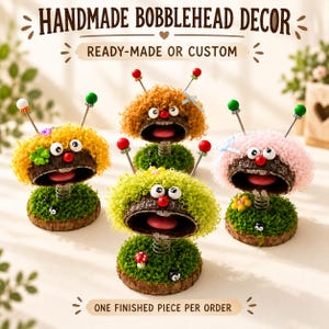 Handmade Natural Fruit Shell Bobblehead Decor, Custom Spring Character with Yarn Hair, Quirky Desk or Shelf Ornament