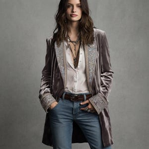 May include: A taupe velvet blazer featuring long sleeves with embroidered cuffs and lapels, worn over a white button-down shirt and blue denim jeans with a brown leather belt. The blazer has a smooth texture and intricate floral embroidery.