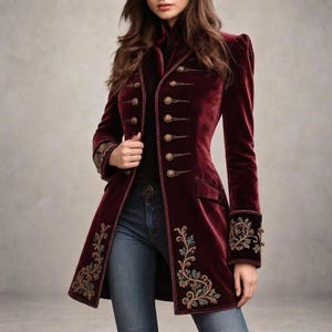 Vinröd sammets steampunkjacka, viktoriansk gotisk trenchcoat, guldbroderi, mässingsknappar