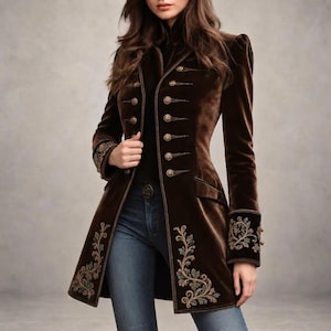 May include: A dark brown velvet jacket featuring a high collar, long sleeves, and a double-breasted front with gold-toned buttons. The hem and cuffs are decorated with intricate floral embroidery in muted green and gold thread accents.