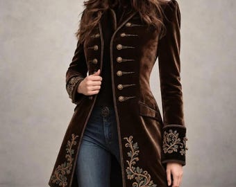 May include: A dark brown velvet jacket featuring a high collar, long sleeves, and a double-breasted front with gold-toned buttons. The hem and cuffs are decorated with intricate floral embroidery in muted green and gold thread accents.