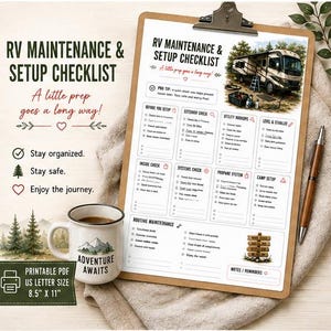 May include: A printable RV maintenance and setup checklist on a clipboard with a pen and a mug labeled Adventure Awaits. The document features sections for setup, exterior, utility, and routine checks, measuring 21.59 cm by 27.94 cm.