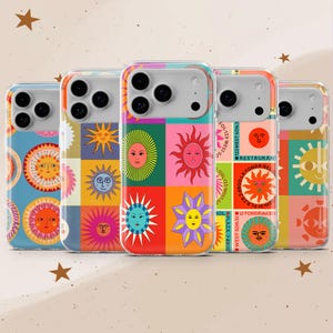 Retro Sun Phone Case Boho Art Sunny Cover for iPhone 18Pro, 17, 16, 15, 14, 13, Samsung S26, S25, S24, S23Fe, A16, A56, Pixel 11, 10Pro