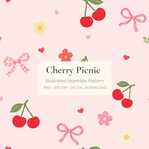 May include: A seamless pattern on a light pink background featuring red cherries with green leaves, pink bows, gingham bows, small red hearts, and various flowers in yellow, pink, and red. The centre text reads Cherry Picnic Illustrated Seamless Pattern.