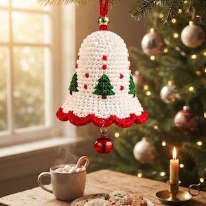 Häkelanleitung für Weihnachtsglocken-Ornament (PDF), Applikation mit gewelltem Baumrand, Weihnachtsdeko mit Glöckchen, mittelschwer, Sofort-Download