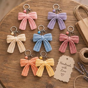 May include: A collection of seven crochet bow keychains in various pastel colors including pink, lavender, cream, blue, dusty rose, peach, and yellow. Each bow features a metal keyring and a small round bead. A paper tag reads Handmade with Love.