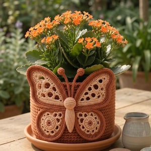 May include: A terracotta-colored crochet plant pot cover featuring a large, detailed butterfly applique in shades of light beige and brown. The pot holds a vibrant Kalanchoe plant with small, bright orange flowers and green leaves.