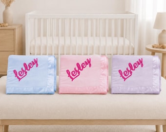 Personalized Embroidered Flannel Baby Blanket Satin Trim Soft Nursery Comfort Gift