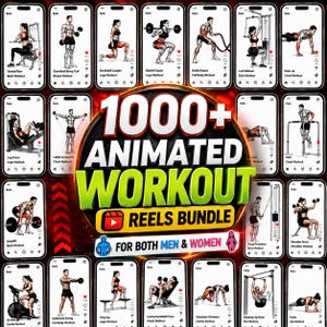 May include: A digital collection of 1000+ animated workout reels featuring various exercise demonstrations like dumbbell curls, squats, and lat pulldowns. The central graphic displays the text 1000+ ANIMATED WORKOUT REELS BUNDLE FOR BOTH MEN & WOMEN.