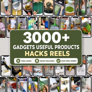 May include: A large rectangular olive green sign with white and yellow text reading 3000+ GADGETS USEFUL PRODUCTS HACKS REELS, surrounded by a grid of numerous small smartphone screens displaying various kitchen tools and household gadgets.