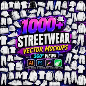 Può includere: Una collezione di mockup vettoriali di abbigliamento streetwear bianco che include felpe con cappuccio, t-shirt, pantaloni cargo, scarpe da ginnastica, zaini e cappelli. Il testo centrale recita 1000+ STREETWEAR VECTOR MOCKUPS 360° VIEWS.