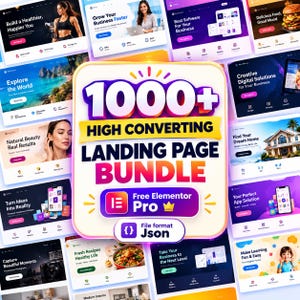 Puede incluir: Un paquete de productos digitales que presenta un gráfico central con el texto 1000+ HIGH CONVERTING LANDING PAGE BUNDLE, Free Elementor Pro y File format Json, rodeado por un collage de varias plantillas de diseño de páginas de destino.
