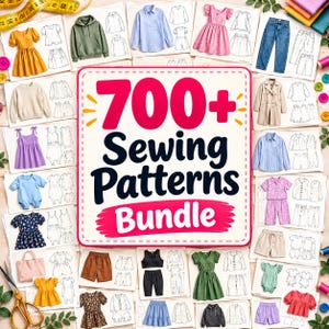 Peut inclure: Une collection de plus de 700 patrons de couture présentant divers vêtements comme des robes, des chemises, des sweats à capuche, des pantalons et des shorts. Le texte central indique 700+ Sewing Patterns Bundle, entouré de croquis techniques.