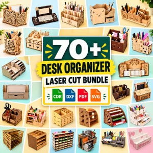 Puede incluir: Una colección de varios organizadores de escritorio de madera con diseños cortados a láser, múltiples compartimentos, cajones y estantes para papelería, presentados como un paquete de archivos digitales 70+ Desk Organizer Laser Cut Bundle.