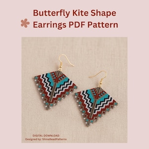 May include: A pair of kite-shaped earrings featuring a geometric pattern in red, white, black, and turquoise beads with gold-tone hooks. The text Butterfly Kite Shape Earrings PDF Pattern and Digital Download Designed by ShineBeadPatterns is visible.
