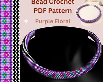 Purple Floral Bead Crochet Rope Pattern PDF, Spiral Seed Bead Necklace & Bracelet, Digital Download
