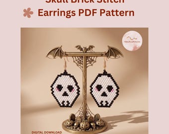 Goth Skull Brick Stitch Earrings Pattern | Miyuki Delica Halloween Beadwork PDF