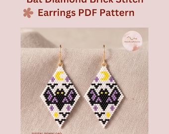Bat Diamond Brick Stitch Earring Pattern PDF, Halloween Spooky Beaded Earrings(Digital Download)