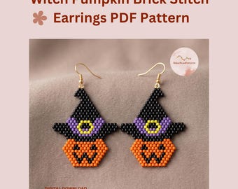 Halloween Witch Pumpkin Brick Stitch Earring Pattern PDF, Miyuki Delica Beaded Earrings Word Chart & Grid