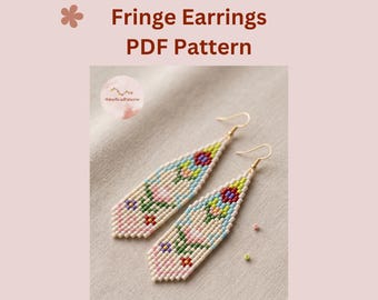 Colorful Flowers Brick Stitch & Fringe Earring Pattern PDF, Floral Miyuki Delica Beaded Earrings, Digital Download