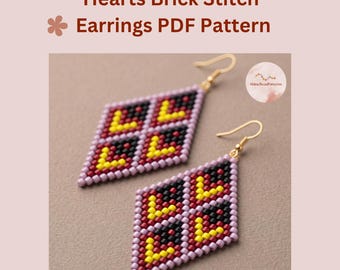 Hearts Brick Stitch Earring Pattern PDF, Miyuki Delica Diamond Beaded Earrings, Digital Download