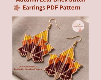 Autumn Leaf Brick Stitch Earring Pattern PDF, Miyuki Delica Beaded Fall Earrings Word Chart & Grid