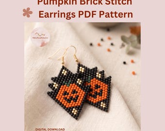 Halloween Pumpkin Brick Stitch Earring Pattern PDF, Spooky Jack O Lantern Miyuki Delica Beaded Earrings Pattern