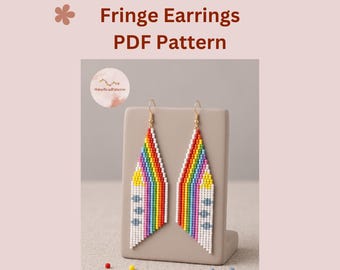 Rainbow Brick Stitch Fringe Earring Pattern PDF, Miyuki Delica Seed Beaded Dangles (Digital Download)