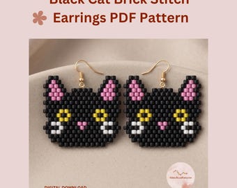 Black Cat Brick Stitch Earring Pattern PDF, Miyuki Delica Halloween Beadwork, Kitten Word Chart & Grid