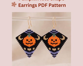 Halloween Pumpkin Kite Earrings Pattern PDF, Miyuki Delica 11/0 Peyote Herringbone Beadwork Jack o Lantern Chart