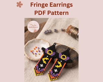 Witch Hat Brick Stitch & Fringe Earring Pattern PDF, Halloween Beaded Earrings, Miyuki Delica Celestial Moon Seed Bead Pattern