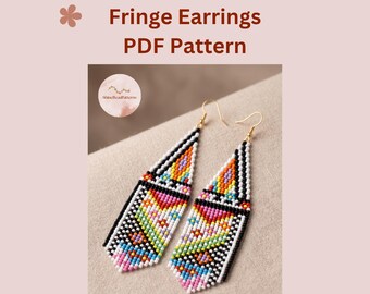 Tribal Mosaic Brick Stitch & Fringe Earring Pattern PDF, 2-Drop Miyuki Delica Seed Bead Pattern, Instant Download
