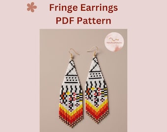 Miyuki Earring Pattern PDF, Red Geometric Brick Stitch & Fringe, Beaded Jewelry Digital Download