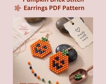 Halloween Pumpkin Brick Stitch Earring Pattern PDF, Jack-o'-Lantern Miyuki Delica Beading Word Chart & Grid