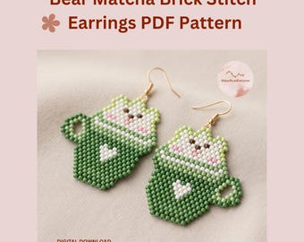 Bear Matcha Brick Stitch Earring Pattern PDF, Green Tea Latte Cup Earrings, Delica Bead Pattern
