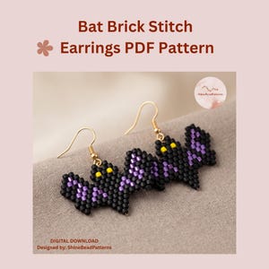 May include: A pair of bat-shaped earrings made with black and purple beads and yellow bead eyes, featuring gold-tone metal hooks. The text reads Bat Brick Stitch Earrings PDF Pattern, Digital Download, Designed by: ShineBeadPatterns.