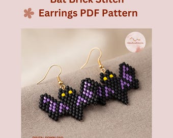 Halloween Bat Brick Stitch Earring Pattern PDF, Spooky Gothic Miyuki Delica Beading Word Chart & Grid