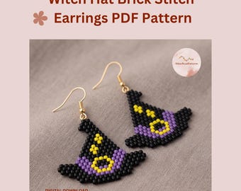 Witch Hat Brick Stitch Earring Pattern PDF, Halloween Miyuki Delica Beaded Earrings Word Chart & Grid