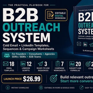 Könnte beinhalten: Ein dunkelblaues digitales Arbeitsbuch mit dem Titel The Practical Playbook for B2B Outreach System von NEAM Works. Es enthält 18 E-Mail-Vorlagen, 12 LinkedIn-Skripte, 3 Sequenzen, 7 Arbeitsblätter, 20 Betreffzeilen-Formeln, 25 CTAs und 8 Einwandbehandlungen.