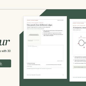 Puede incluir: Un conjunto de hojas de trabajo de dibujo digital titulado Contour de NovaCrewLabs con 30 páginas. El diseño muestra dos hojas blancas con texto negro y dibujos lineales de un lápiz y una cucharadita, incluyendo pasos de instrucción y guías.